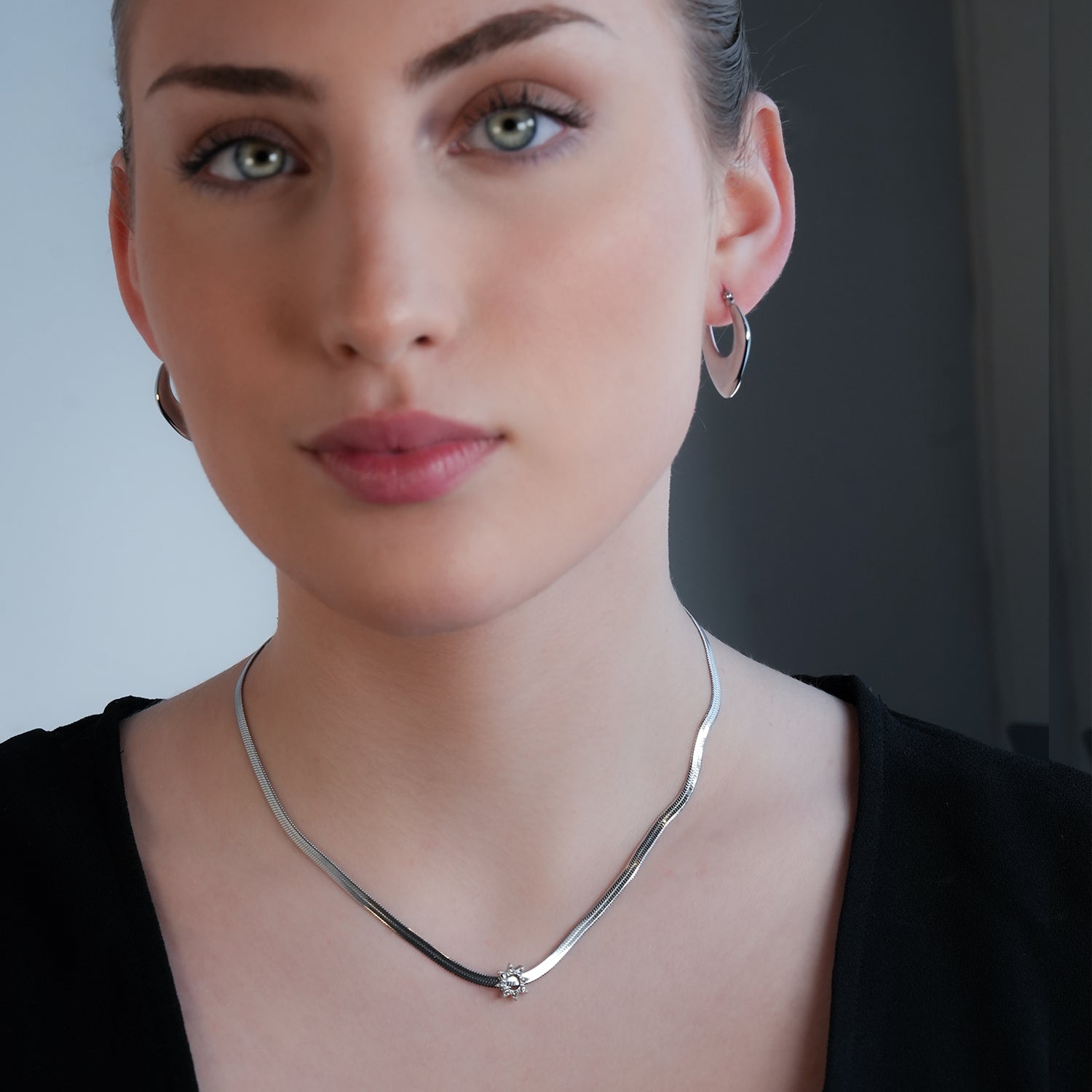 AGULHAS White Gold (Silver Toned): Celestial Elegance - Snake Skin Chain Necklace with Zirconia Embedded Star Charm