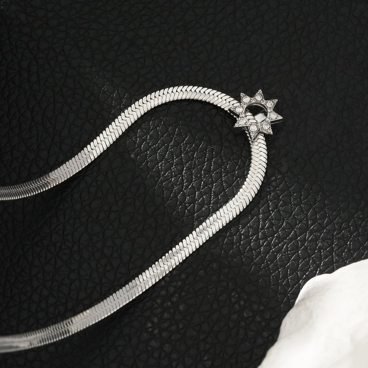 AGULHAS White Gold (Silver Toned): Celestial Elegance - Snake Skin Chain Necklace with Zirconia Embedded Star Charm