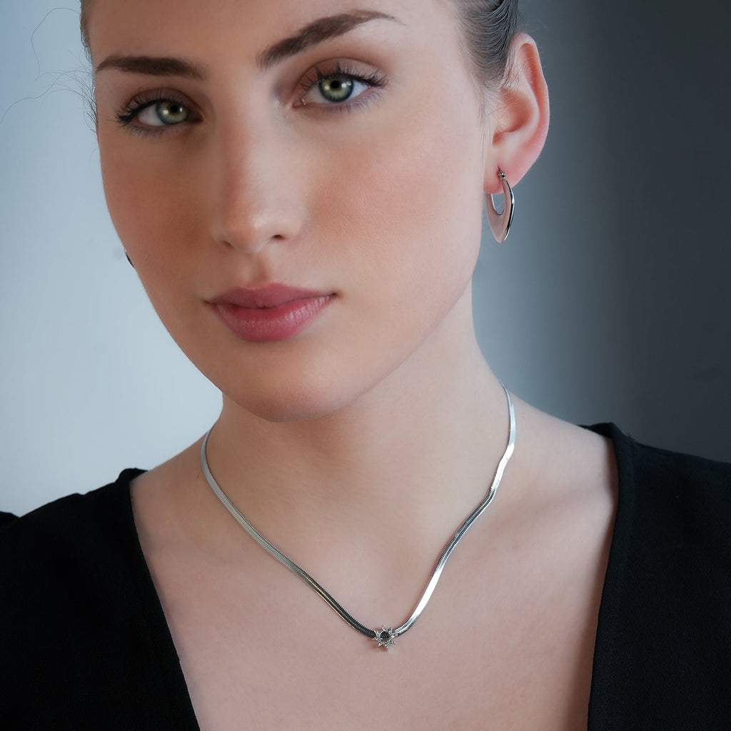 AGULHAS White Gold (Silver Toned): Celestial Elegance - Snake Skin Chain Necklace with Zirconia Embedded Star Charm