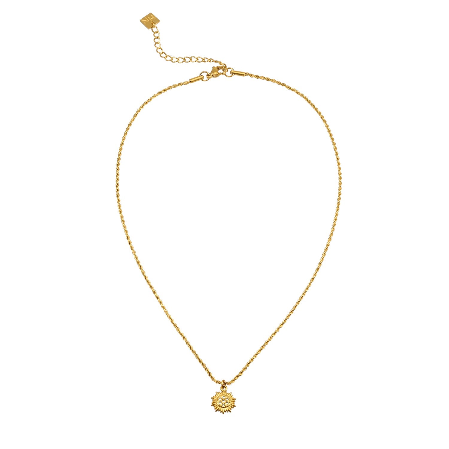 ISA Gold: Rope Chain Necklace with Pavé Zirconia Radiant Sun Pendant