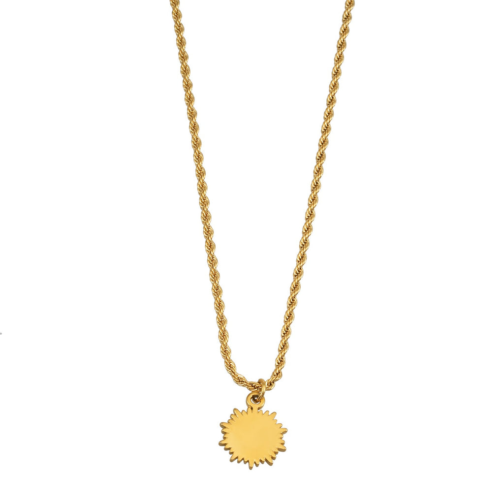ISA Gold: Rope Chain Necklace with Pavé Zirconia Radiant Sun Pendant