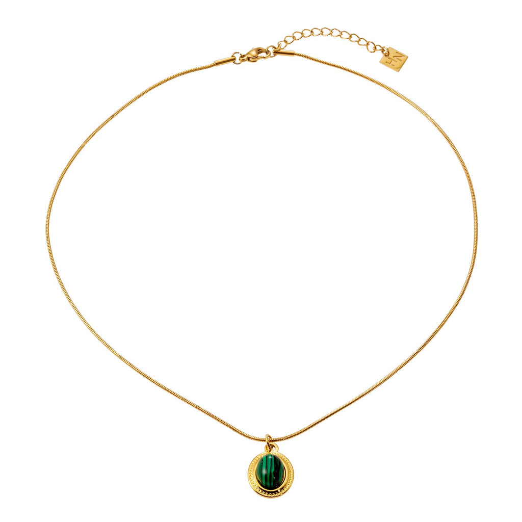 KRISTOS: Vintage Inspired Snake Skin Chain anchoring a Malachite Oval Pendant
