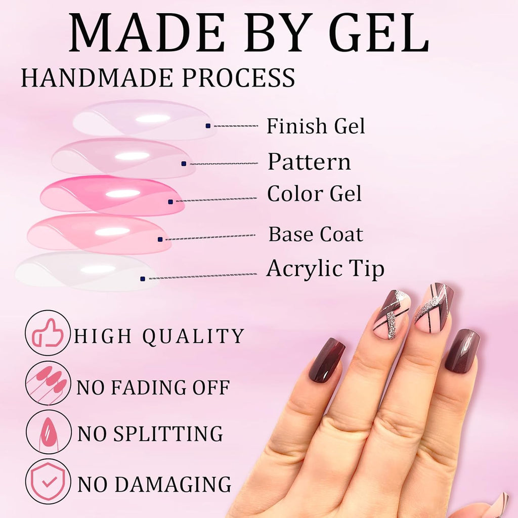 Medium Press on Nails Acrylic Nails Press on Medium Length Press on Nails Fake Nails Square Liquor Red False Nails with Glitter Line Press Ons Design Artificial Stick on Nails for Women 24Pcs