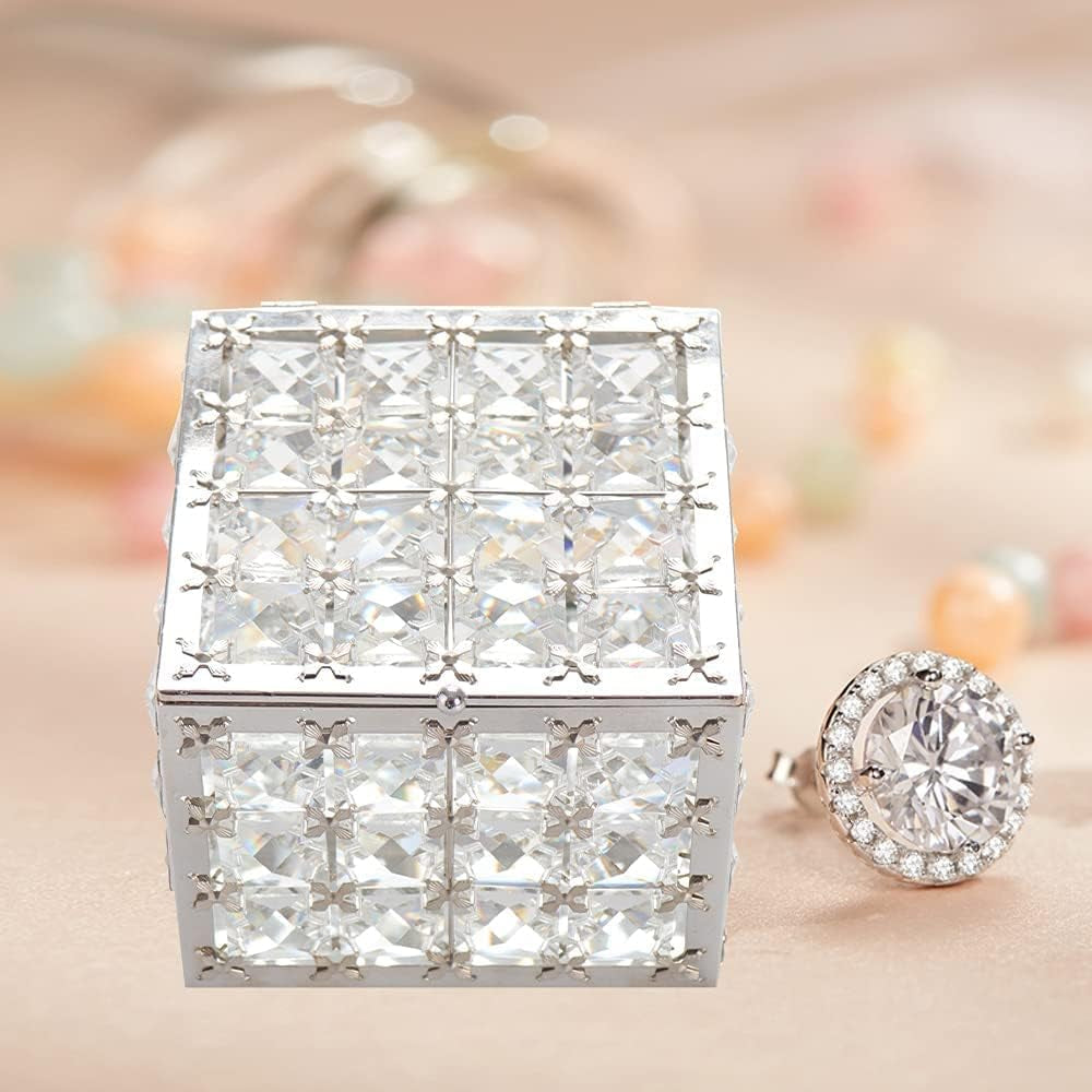 Square Crystal Jewelry Box Trinket Organizer Earrings Rings Box Treasure Storage Keepsake Mirror Surface with Lid,Mothers Day Gifts,Valentines Gift