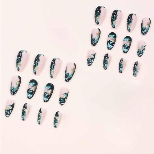 Almond Press Nails - Medium Fake Nails, Nude & Black, Glossy Stick On, Full Cover, 24 Pcs/Set