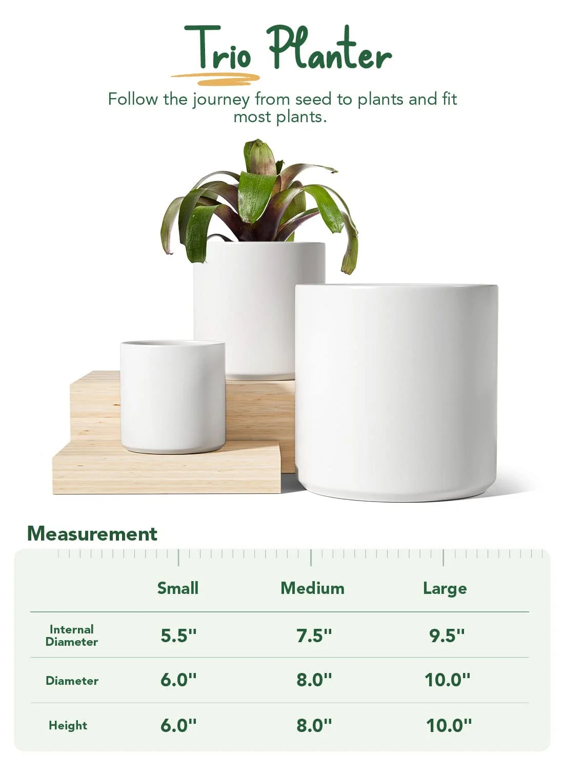 Set of 3 (10"+8"+6") Plant Pots with Drainage Hole & Plug for Indoor & Patio Decor, White Indoor Plant Pots