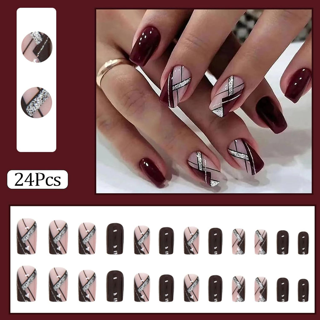 Medium Press on Nails Acrylic Nails Press on Medium Length Press on Nails Fake Nails Square Liquor Red False Nails with Glitter Line Press Ons Design Artificial Stick on Nails for Women 24Pcs