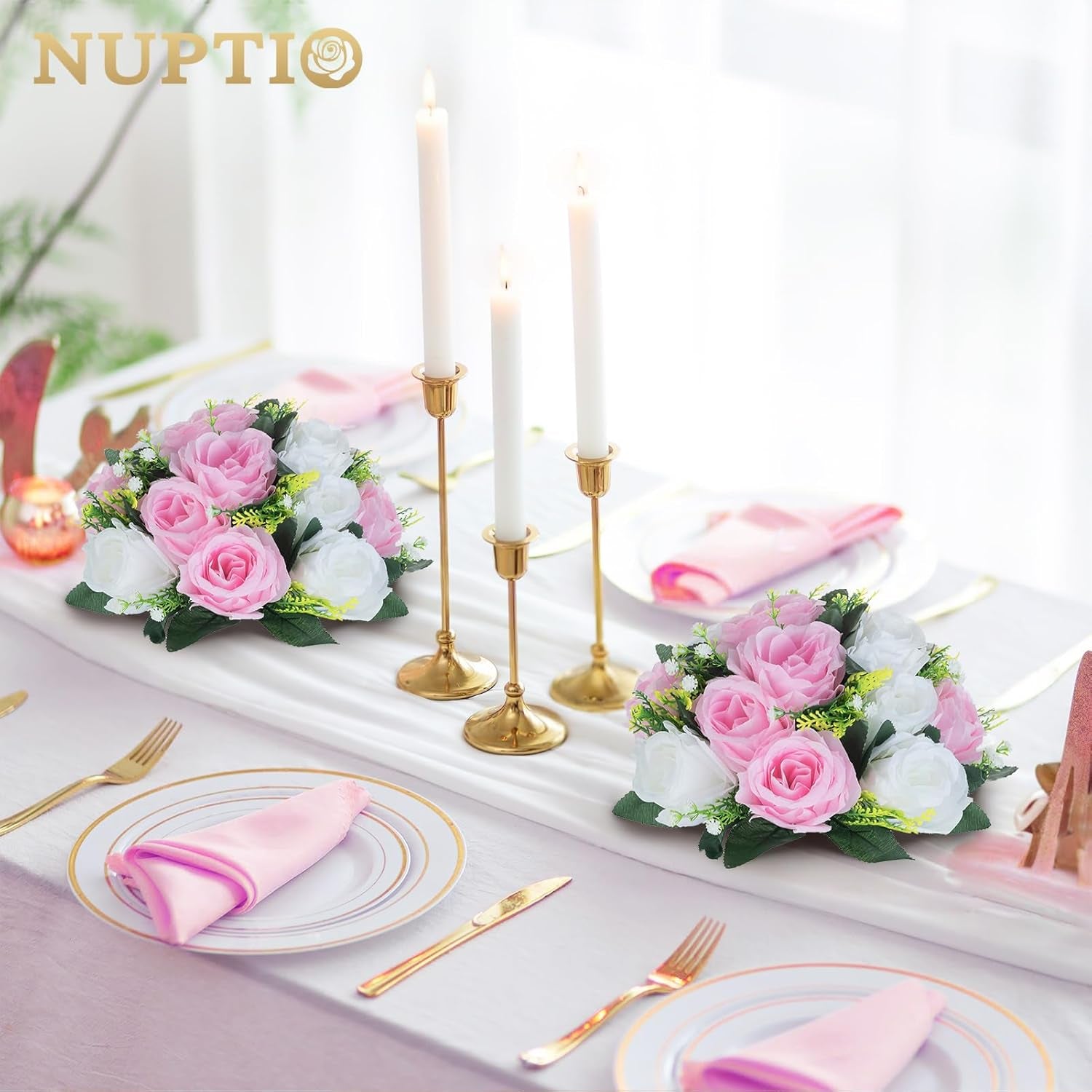 Flower Centerpieces for Wedding Tables: Pink & White Artificial Flower Ball Arrangement for Weddings Party - 2 Pcs Fake Floral Rose for Birthday Bridal Shower Decorations