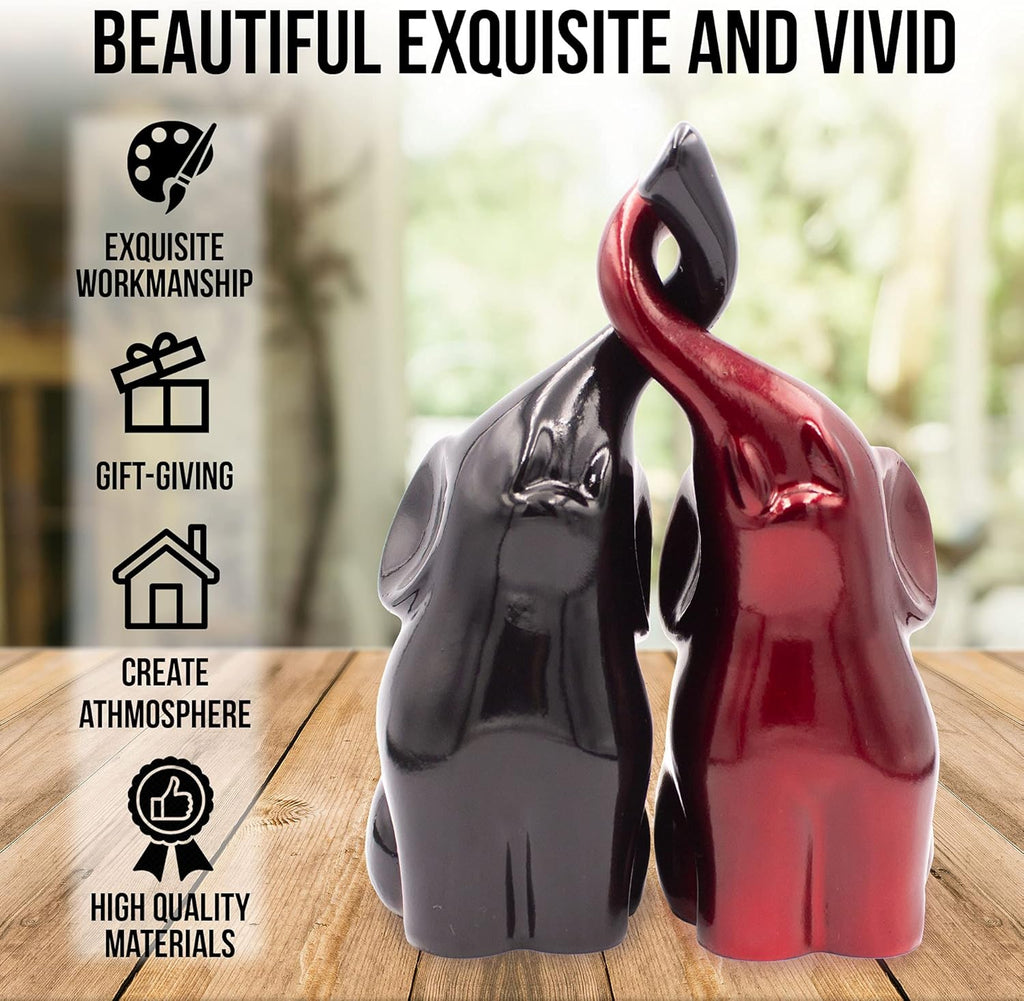 Black and Red Trunk-Up Elephant Pair Statues - Polystone Decor Figurines - Un Par De Elefantes Para Decoracion Casa