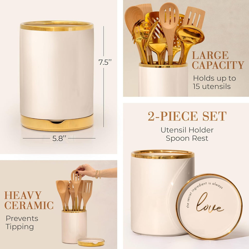 Beige Utensil Holder - Large Ceramic Utensil Crock for Kitchen Counter – Stylish Cooking Utensil Storage & Gold Spoon Rest – Kitchen Organization & Farmhouse Décor