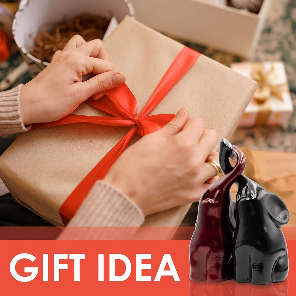 Black and Red Trunk-Up Elephant Pair Statues - Polystone Decor Figurines - Un Par De Elefantes Para Decoracion Casa