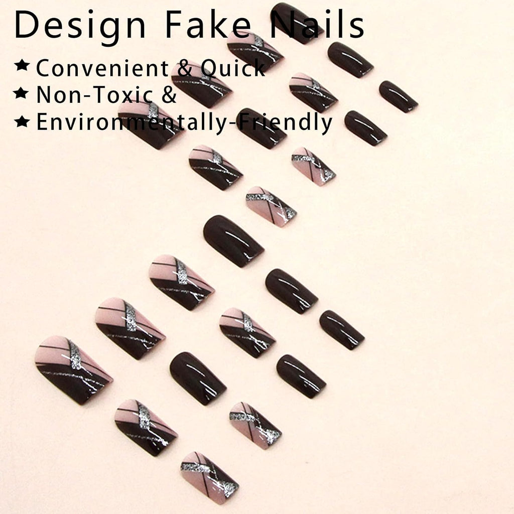 Medium Press on Nails Acrylic Nails Press on Medium Length Press on Nails Fake Nails Square Liquor Red False Nails with Glitter Line Press Ons Design Artificial Stick on Nails for Women 24Pcs