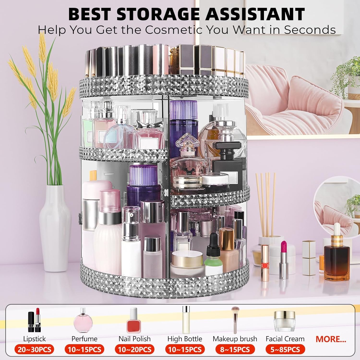 360 Degree Rotating Makeup Organizer, Extra Large Capacity Cosmetic Storage Unit, Removable DIY 7 Layers Skincare Organizer, Acrylic Beauty Perfume Organizer for Vanity Countertop (Gray)