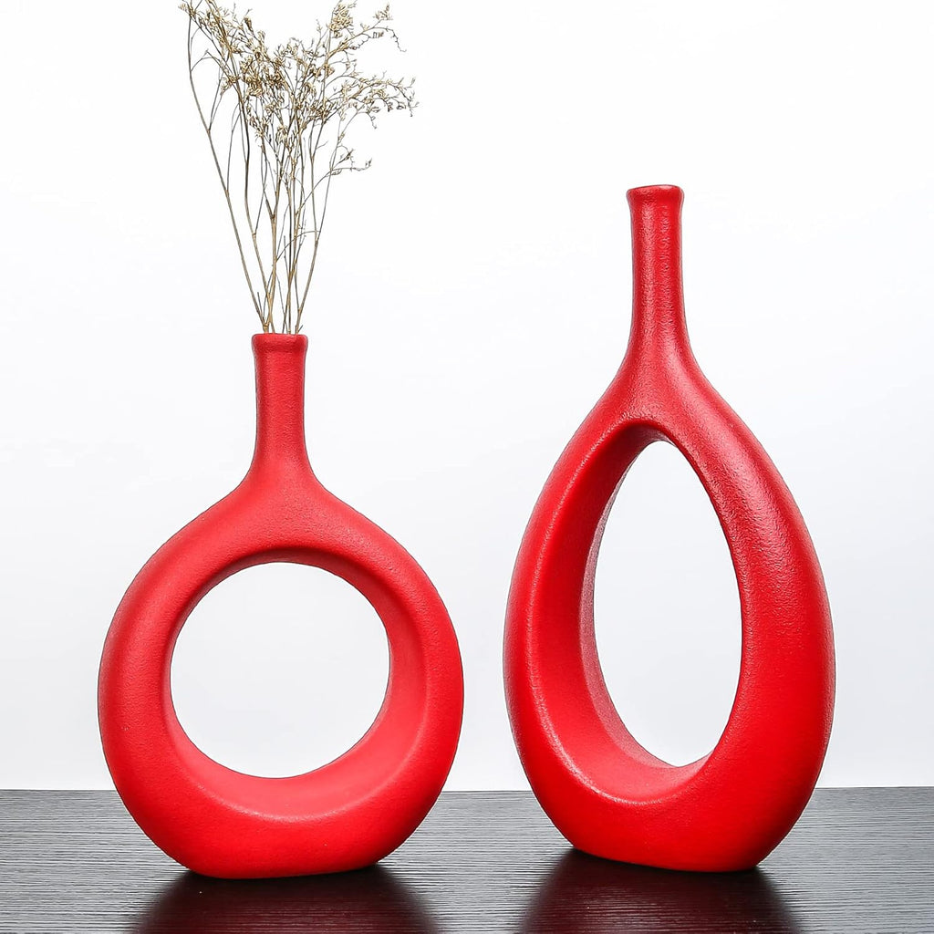 Samawi Red Ceramic Vase Set of 2 - Flower Bud Vases for Home Decor - Modern Living Room Table Decorative Vases