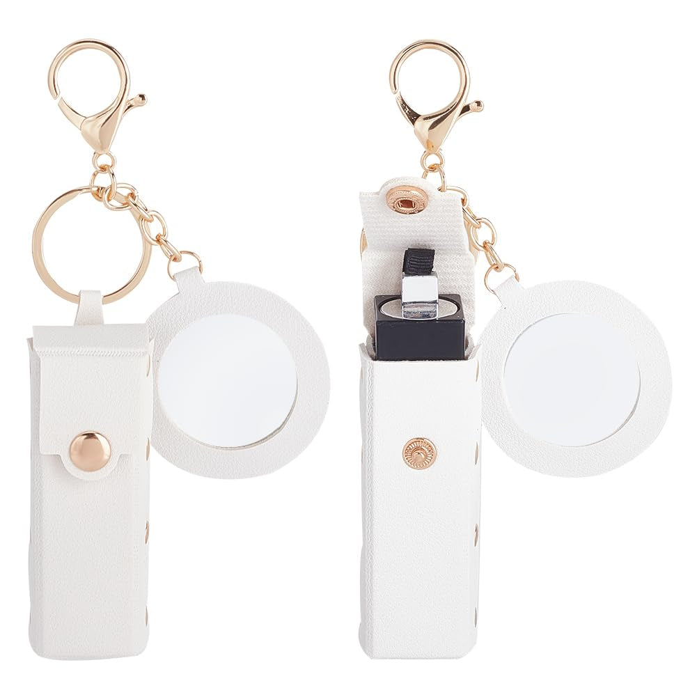 2Pcs PU Leather Lipstick Sleeves with round Mirror, Portable Lipstick Keychain Holder Snap-On Lip Balm Organizer Case Mini Travel Lipstick Cosmetics Holder for Women Ladies, White
