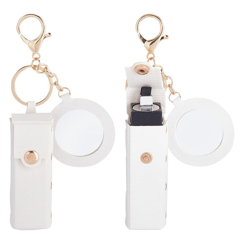 2Pcs PU Leather Lipstick Sleeves with round Mirror, Portable Lipstick Keychain Holder Snap-On Lip Balm Organizer Case Mini Travel Lipstick Cosmetics Holder for Women Ladies, White
