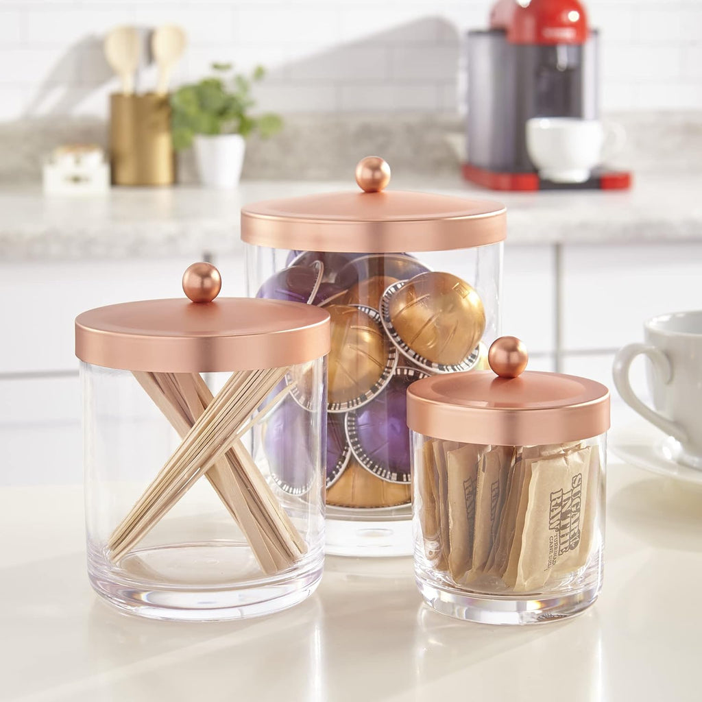 3-Pack Premium Quality Qtip and Cotton Ball Holders | 15-Oz to 60-Oz Clear Plastic Apothecary Jars with Matte Rose Gold Lids | Perfect Containers for Bathroom and Vanity