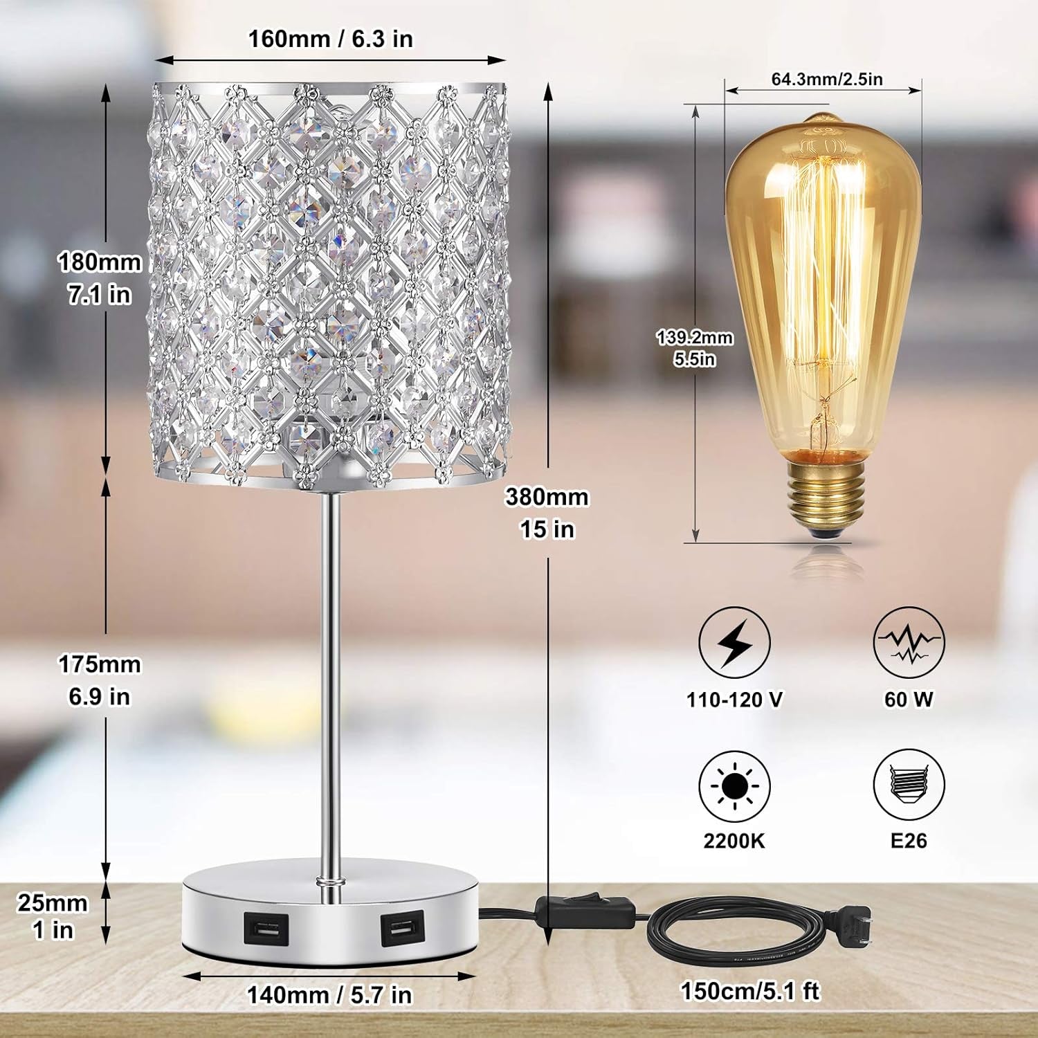 Set of 2 Touch Table Lamp, Sliver Crystal Lamp Set of 2, 3 Way Dimmable Bedside Lamps with Dual USB Ports, Nightstand Lamps for Bedrooms Desk Light for Girl Room, Living Room(Included 2 Bulbs)…